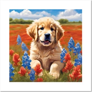 Golden Retriever Puppy in Texas Wildflower Field Posters and Art